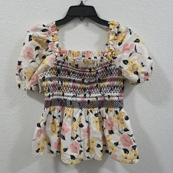 Kate Spade New York Floral Smocked Top Womens Medium Puff Sleeve Cotton Blouse - Picture 2 of 11